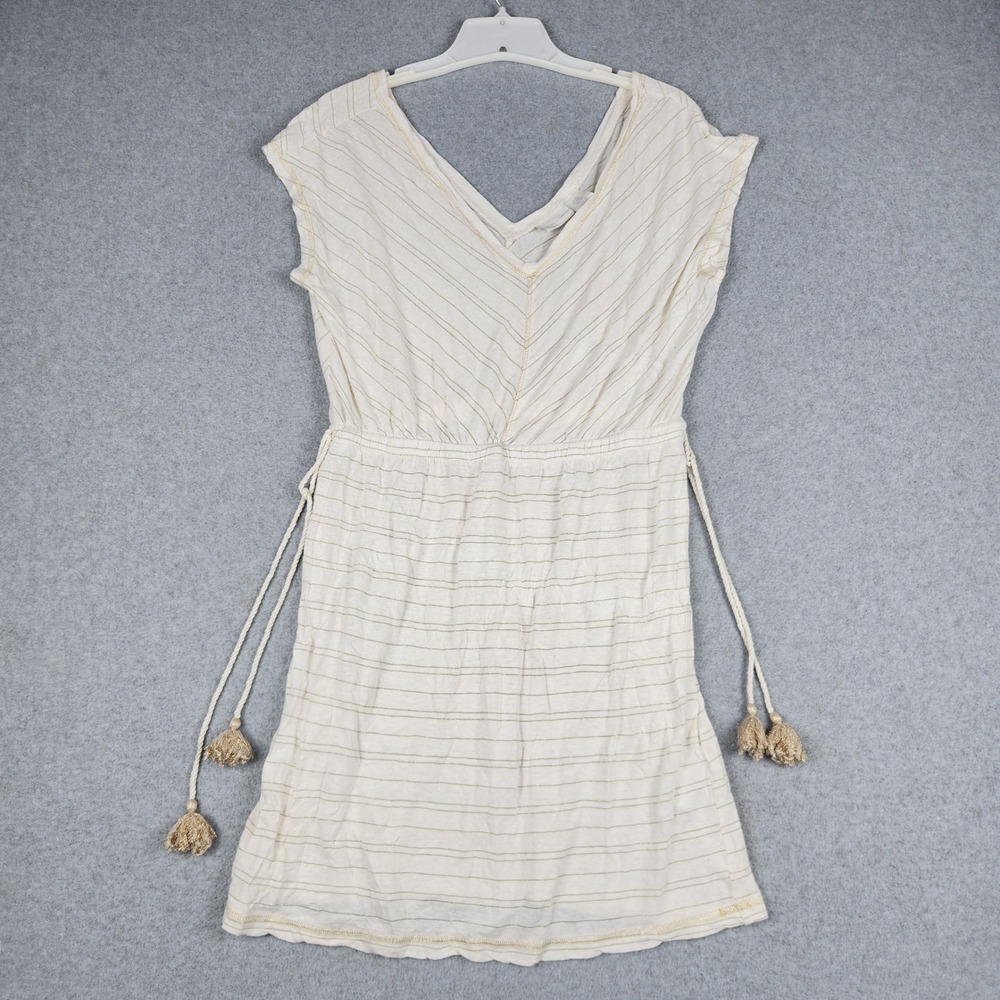 Rachel Ashwell Dress Women Medium Cream Gold Boho Linen Drawstring Waist V-Neck